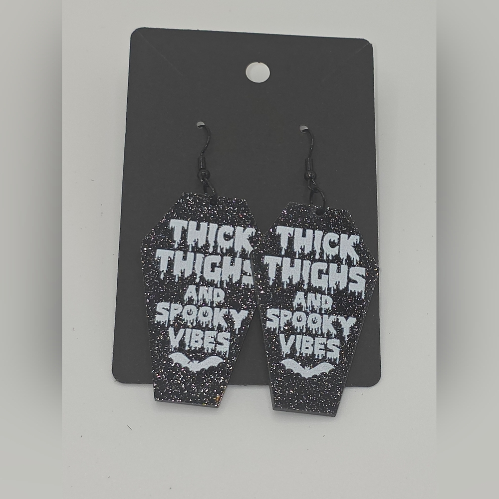 Thick‎ Thighs Spooky Vibes Hook Earrings HypoAllergenic Handmade Coffin Shape